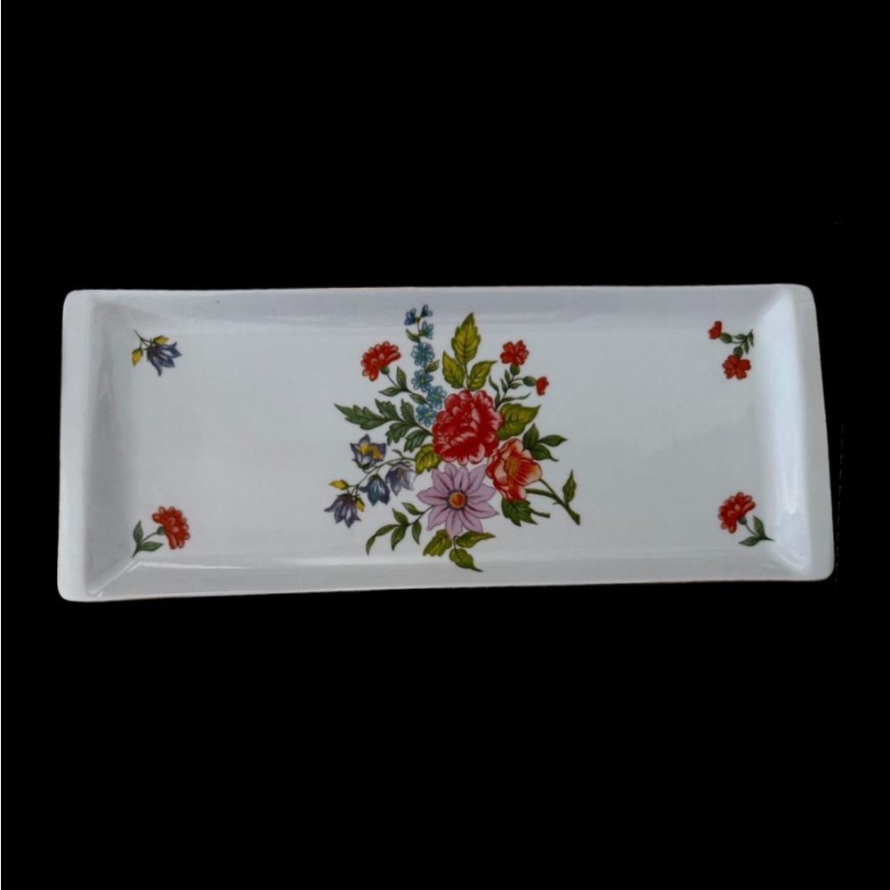 HOLLOHAZA HUNGARY PORCELAIN 15" X 6" FLORAL RECTANGULAR SHAPED SERVNG TRAY